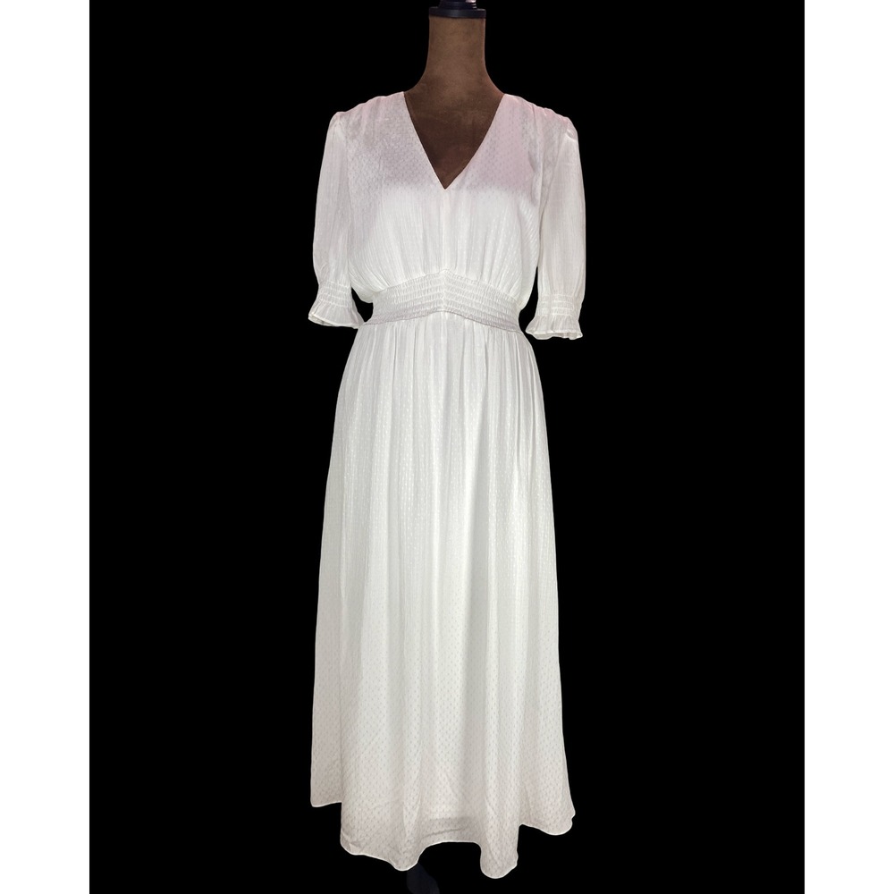 DKNY White Smocked Waist Clip Dot V-Neck‎ Puff Sleeve Midi Dress Size 10 Elegant